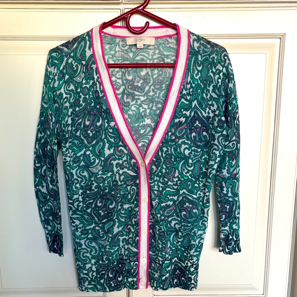 LOFT Ramie Paisley Button Front Cardigan
